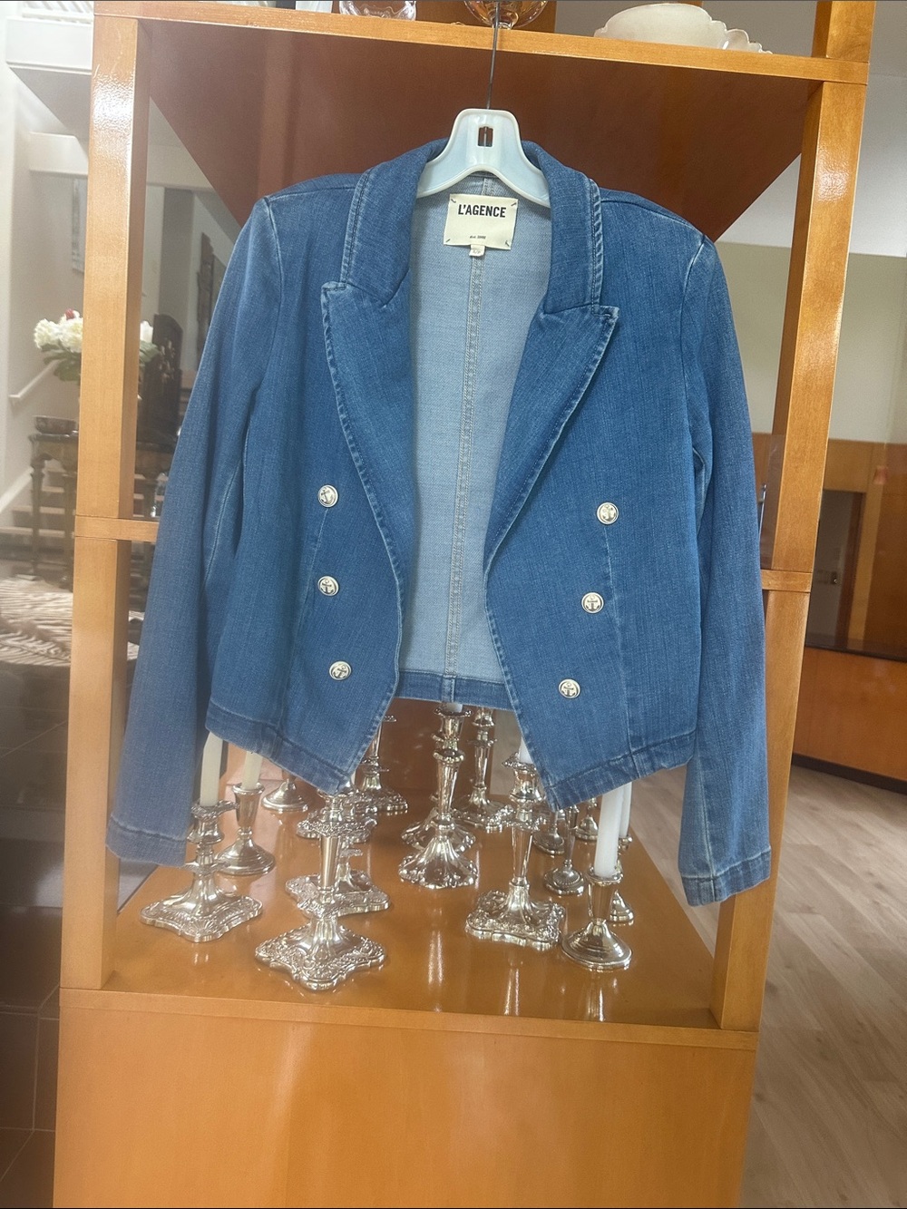 L'AGENCE Wayne Denim Double-Breasted Blazer Jacket - Blue